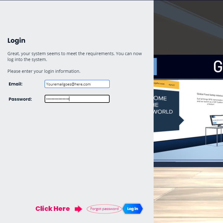 The log in screen for our virtual platform with the "Forgot password" button highlighted