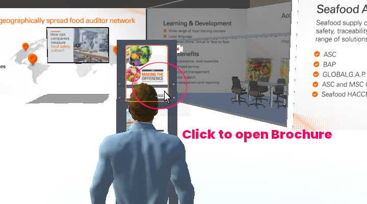 Brochure stands in a virtual booth will show you a PDF Brochure when you click on them. You can also save any brochure to your goodie bag.