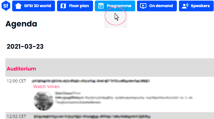 The programme button in the top menu opens up the agenda for that event, where you can see all the scheduled sessions