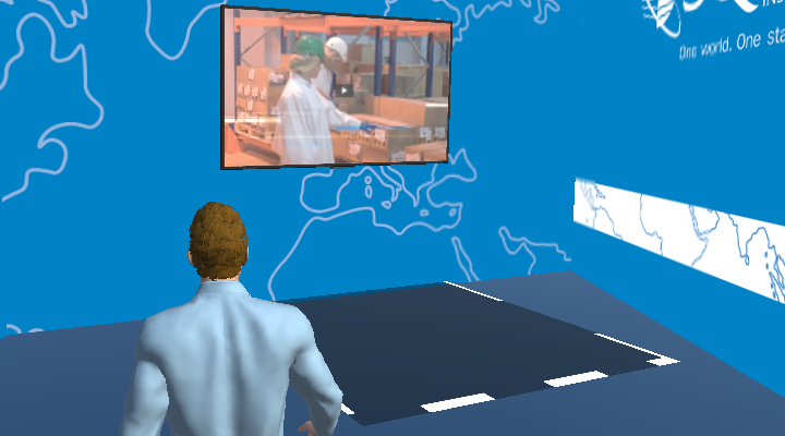 A wall mounted screen at a slidefair exhibition booth. Walking your avatar into the highlighted area will start the pre-loaded video