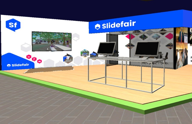 An example of a virtual exhibition booth at a Slidefair hosted event could look like. Featuring a wall mounted screen, meeting room and a table with screens.