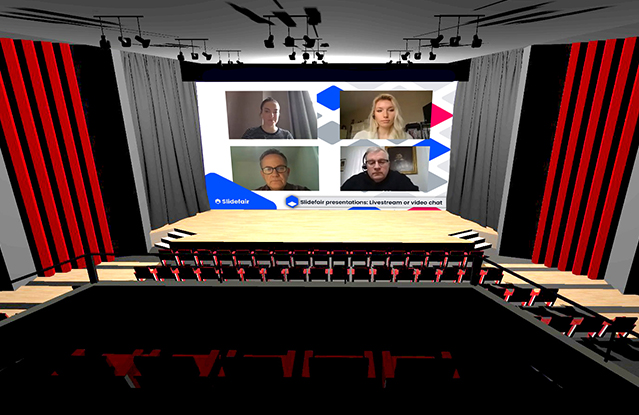 A screenshot of what a virtual presentation hall looks like in Slidefair, with seats for the audience's avatars